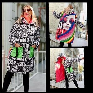 New NWT Winter zippered jacket with hood and embellished woman face size L